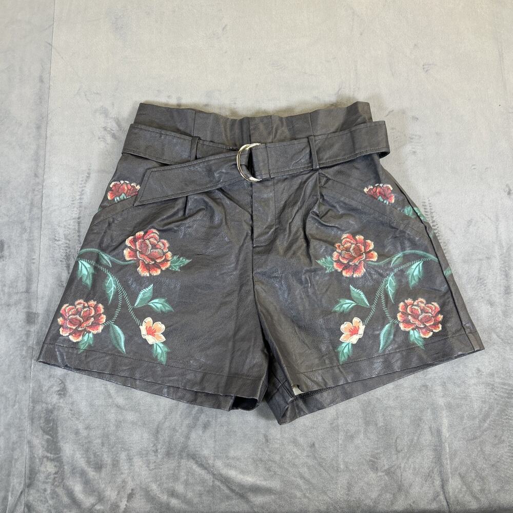 Jealous Tomato Sz Large Black High Waisted Faux Leather Shorts Roses Belt Pocket